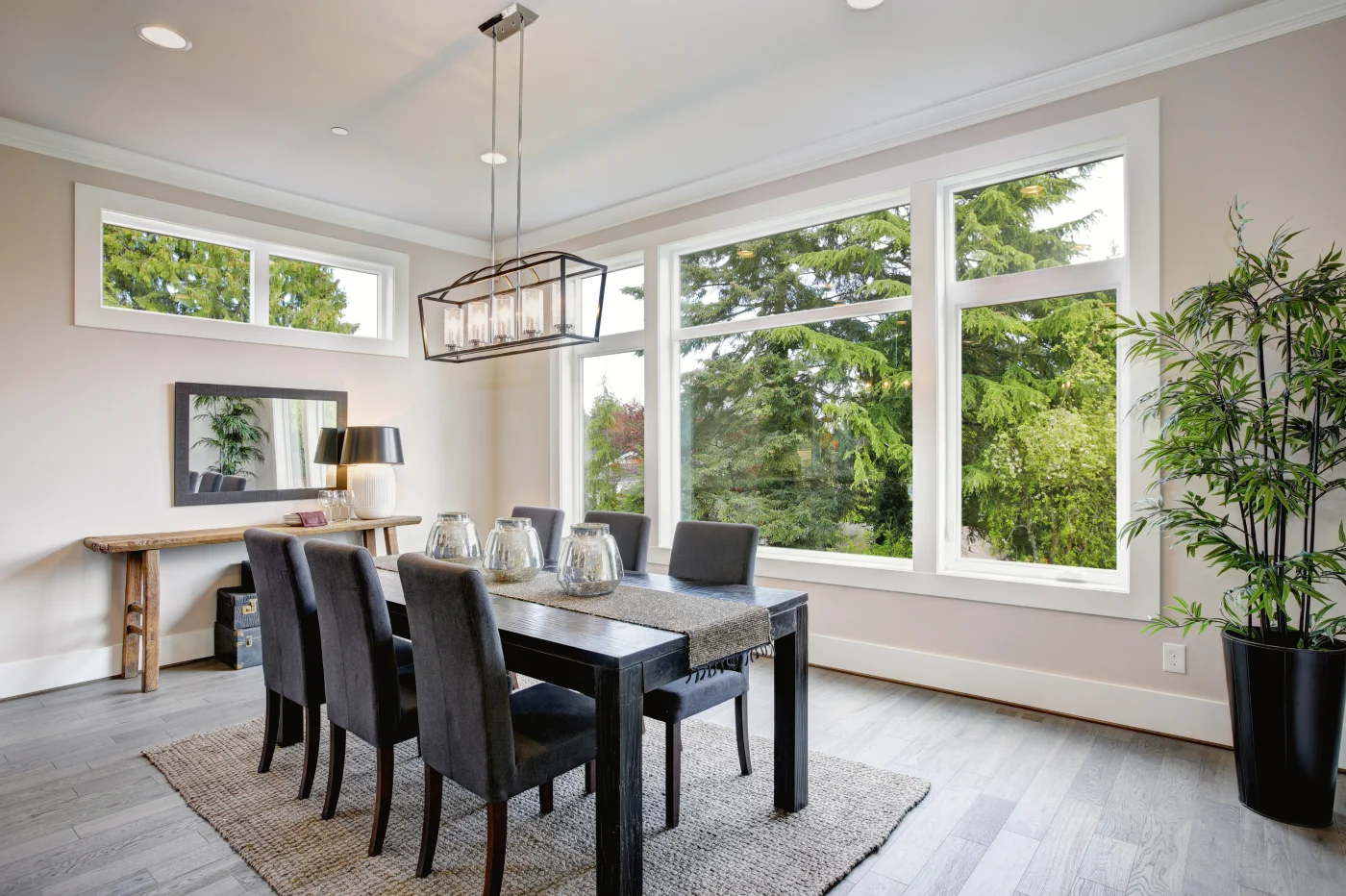 Large picture windows in dining room of Downers Grove, IL home installed by Apex Exteriors