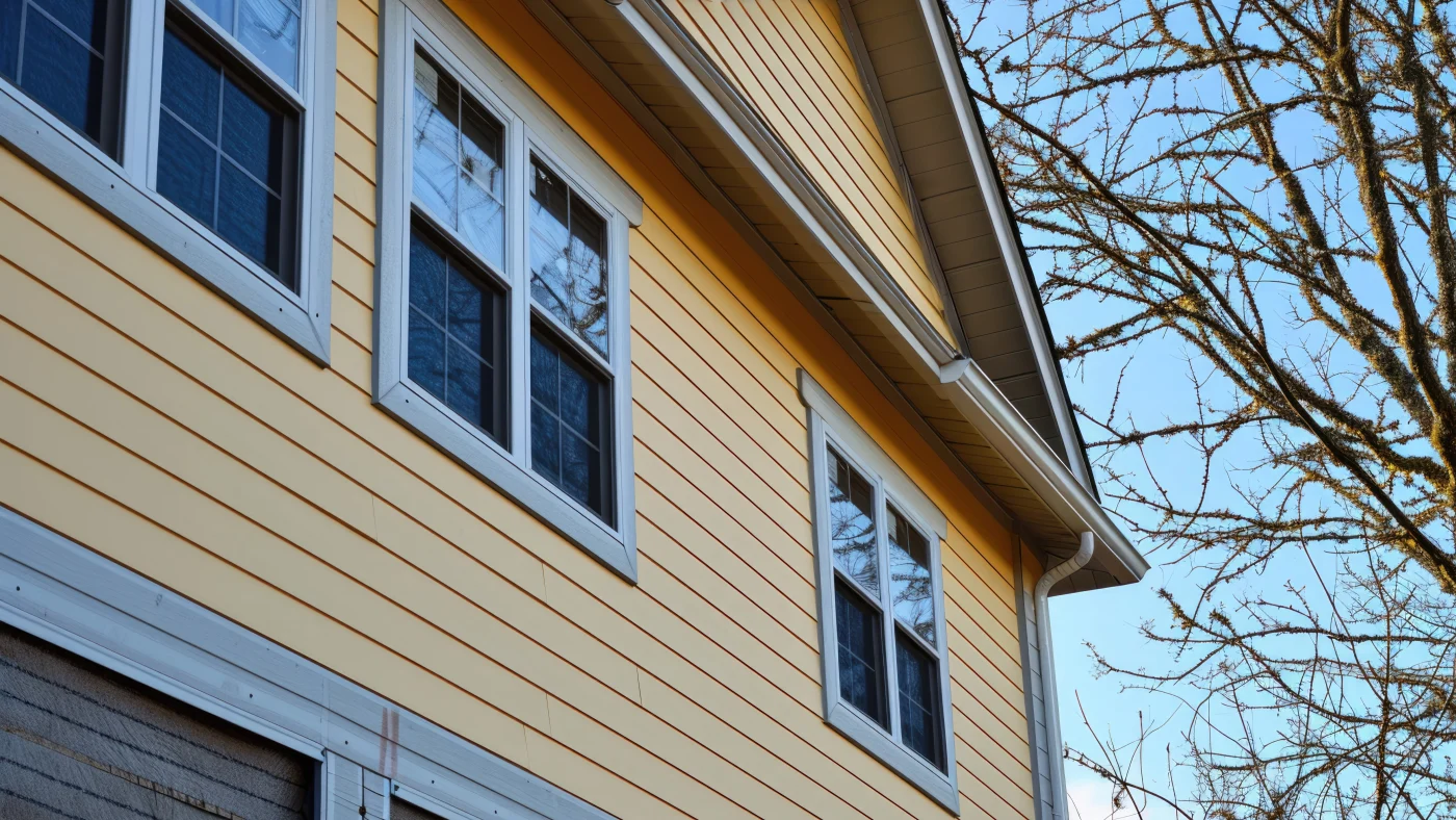 Upward view of home with yellow siding and beautiful large windows installed on the side of it
