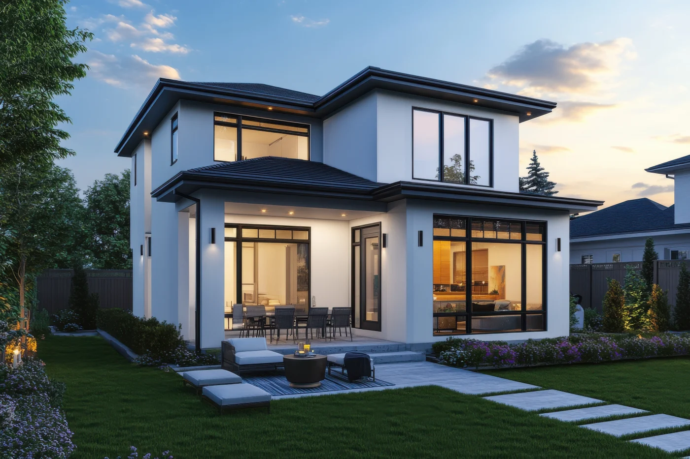 Modern Suburban House White And Gray Exterior Large Windows Sleek Design
