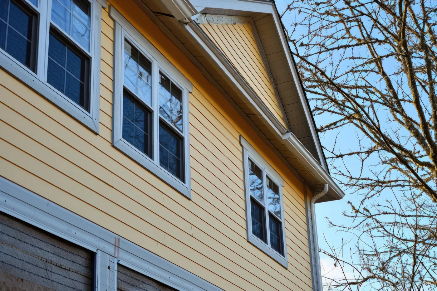 Pale yellow siding on two-story home