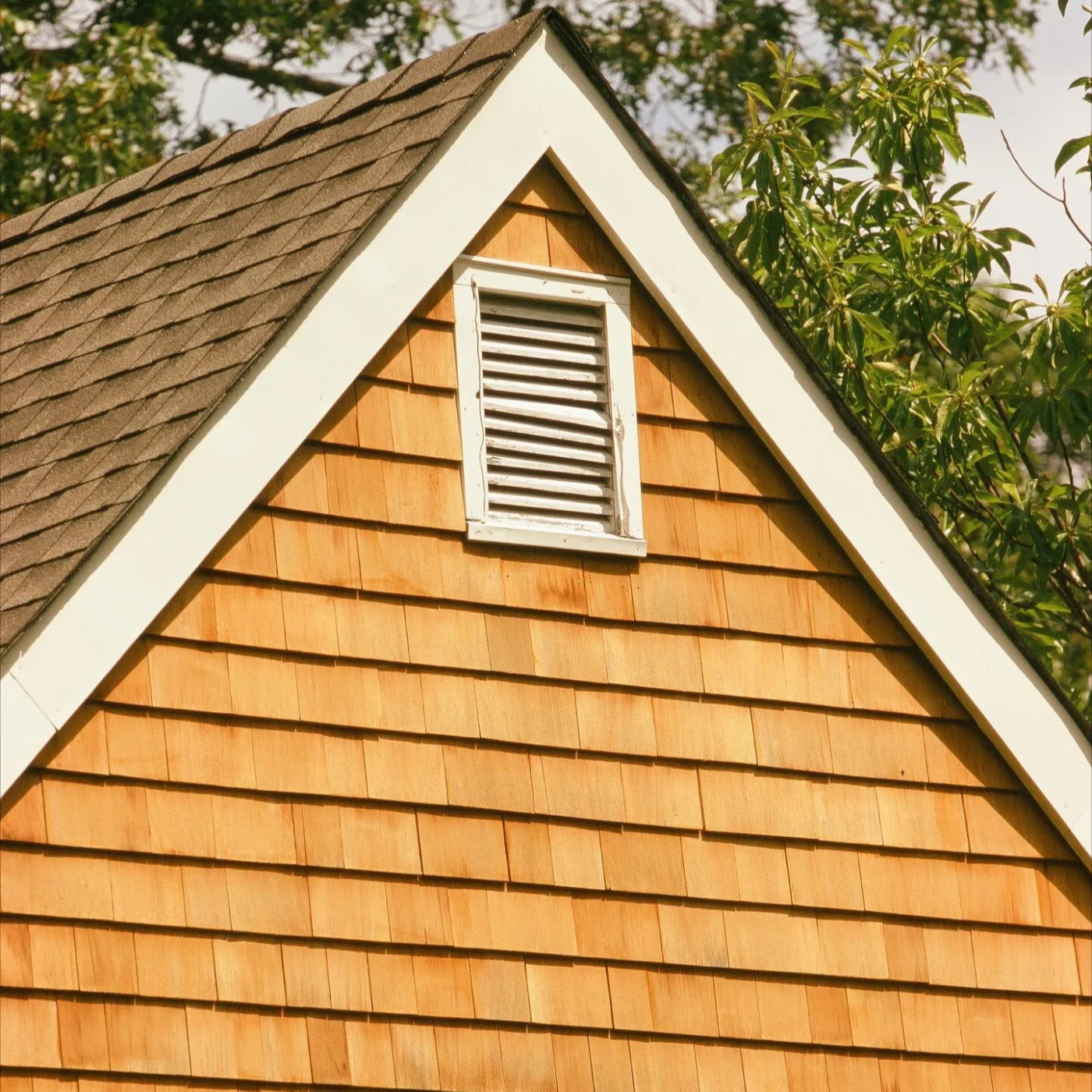 Close-up image of cedar shakes on a house
