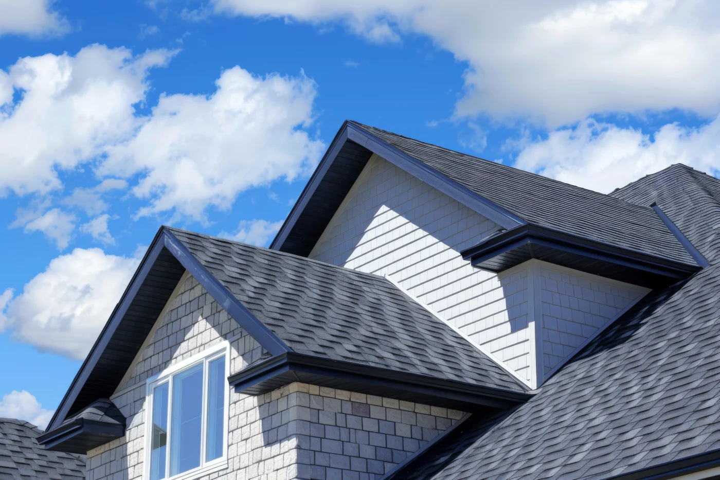 Close-up image of a charcoal-colored shingle roof on a house with cedar shake siding