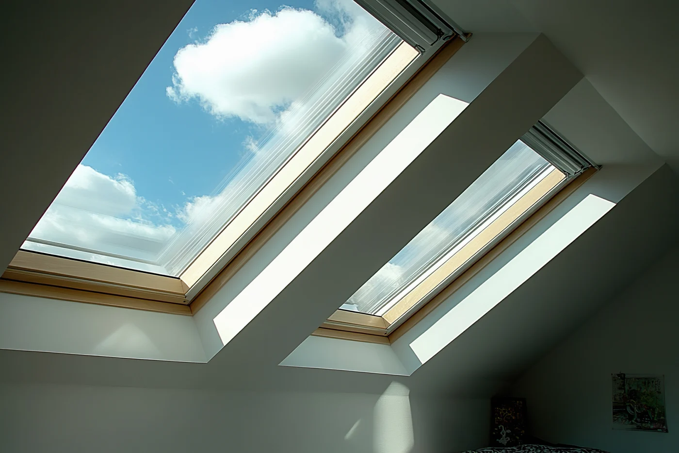 Image of two skylights radiating sunlight into a room