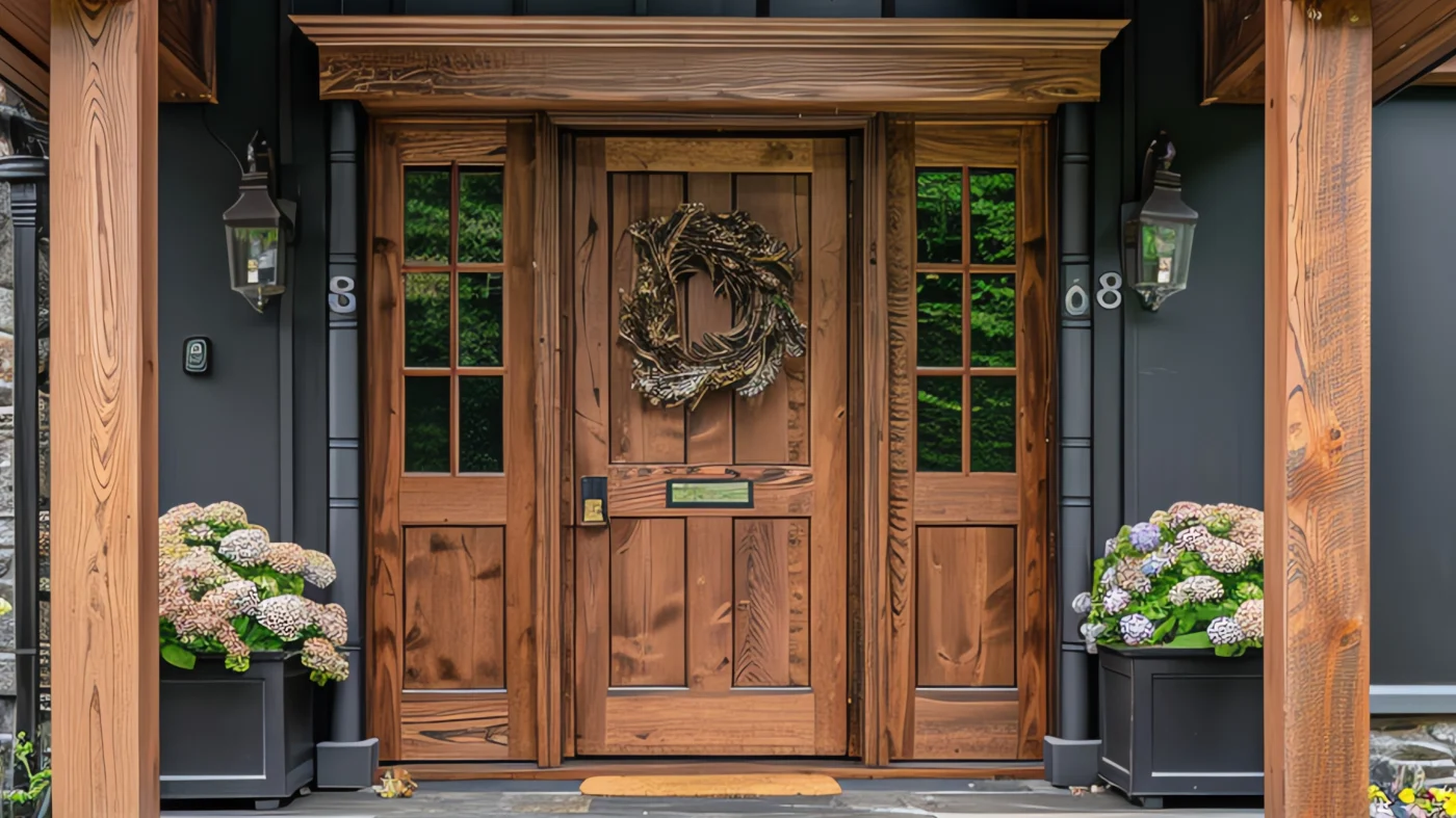Close-up of newly installed wooden door with wreath on it and glass on both sides
