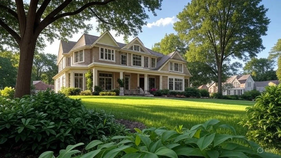 A white house with black shutters and a green lawn