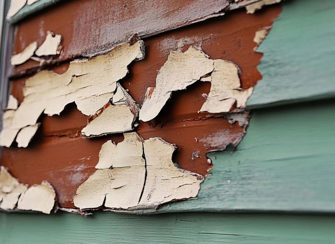 Close-up image of green peeling siding
