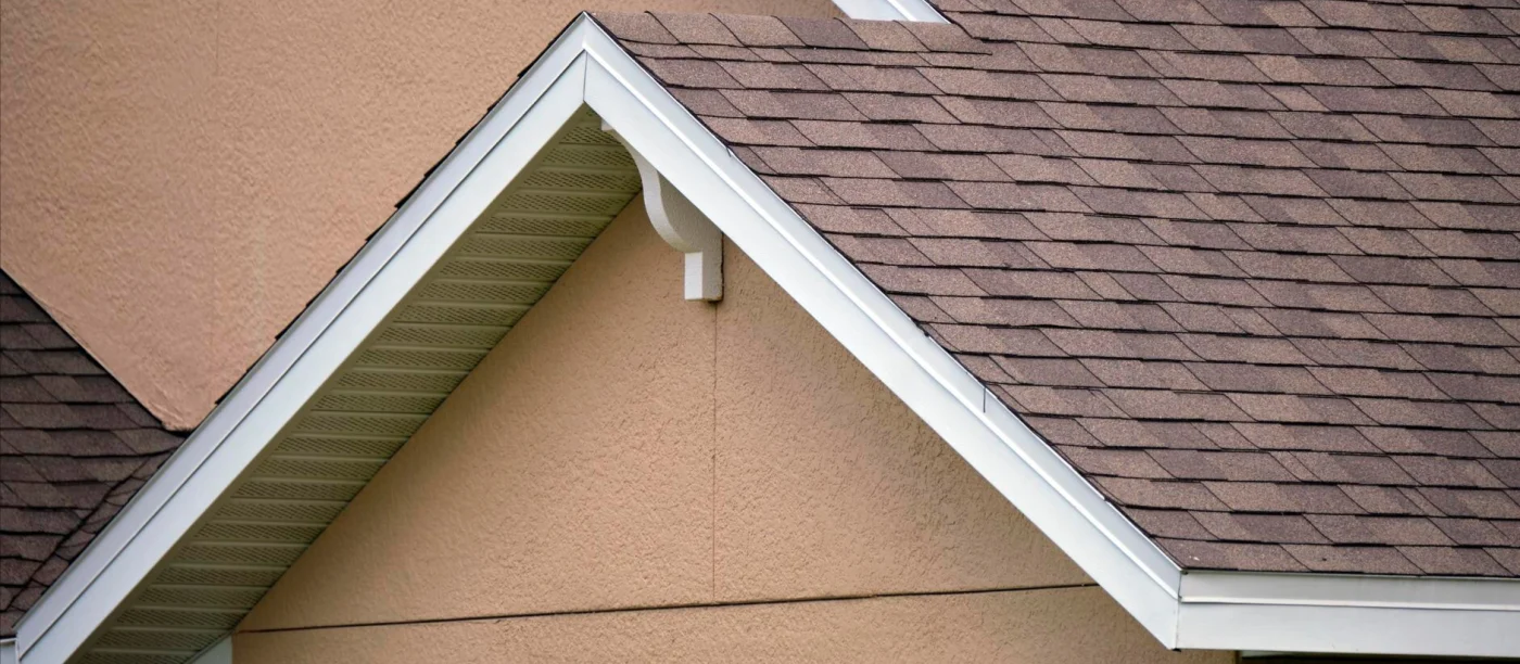 Up-close image of a tan house's fascia and soffits