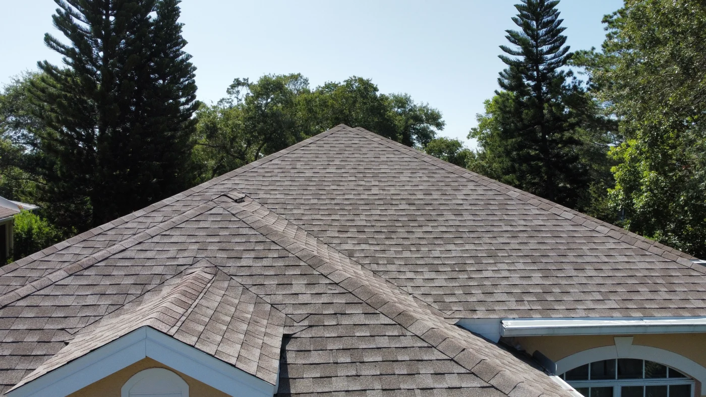 Close up of an asphalt shingle roof on a home