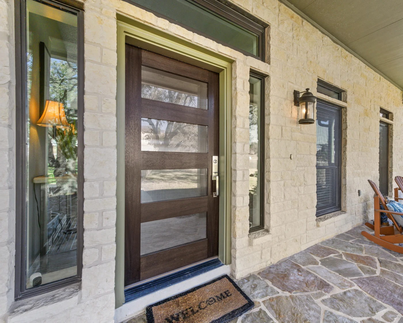 Wood entry door with horizontal glass inserts