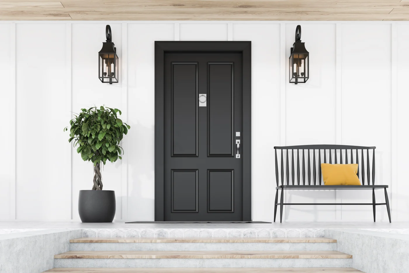 Black front door against white house with vertical siding