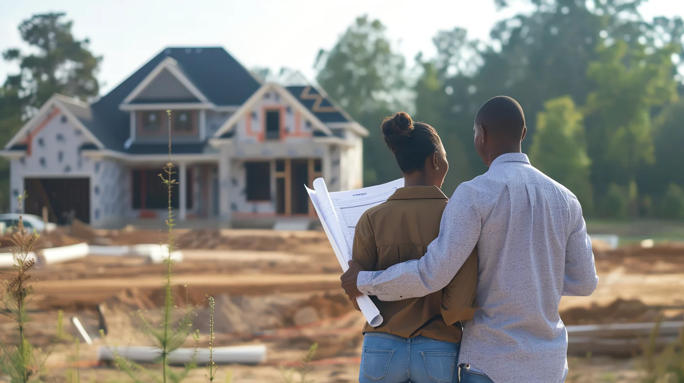 A couple standing in front of their newly constructed home in the process of being built