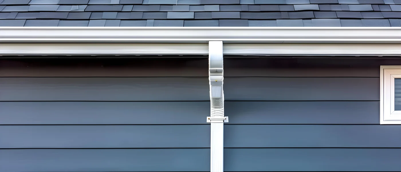 Bright white gutters installed on home with dark blue siding