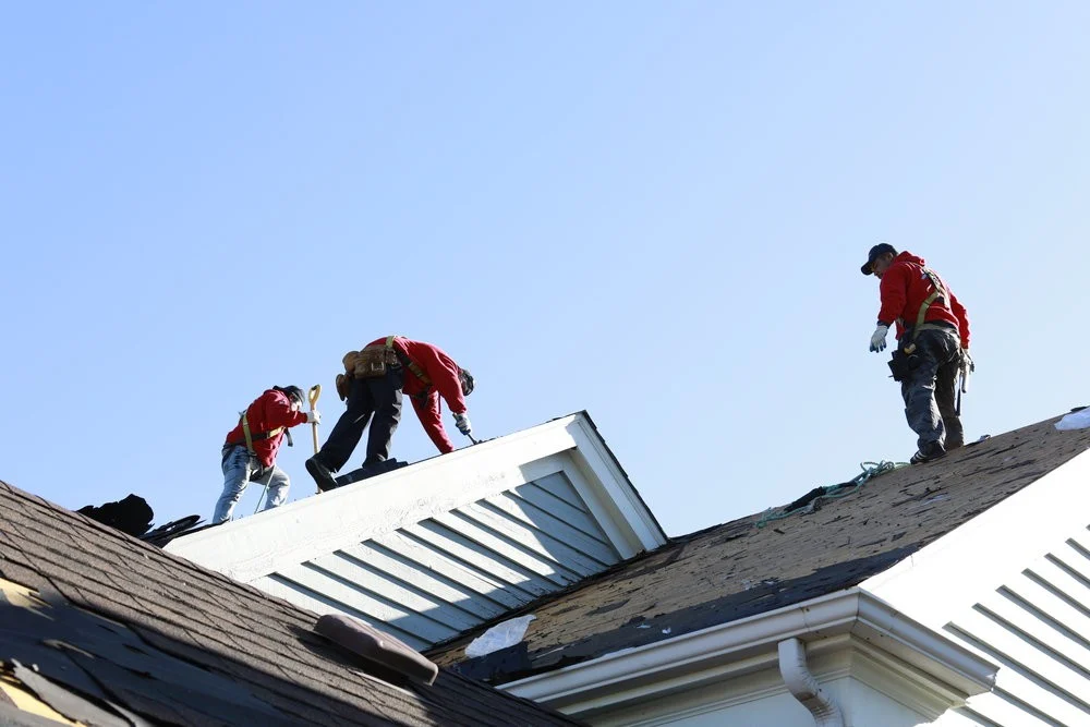 Three Apex Exteriors Workers On Residential Roof Conducting Roof Repairs Chicagoland