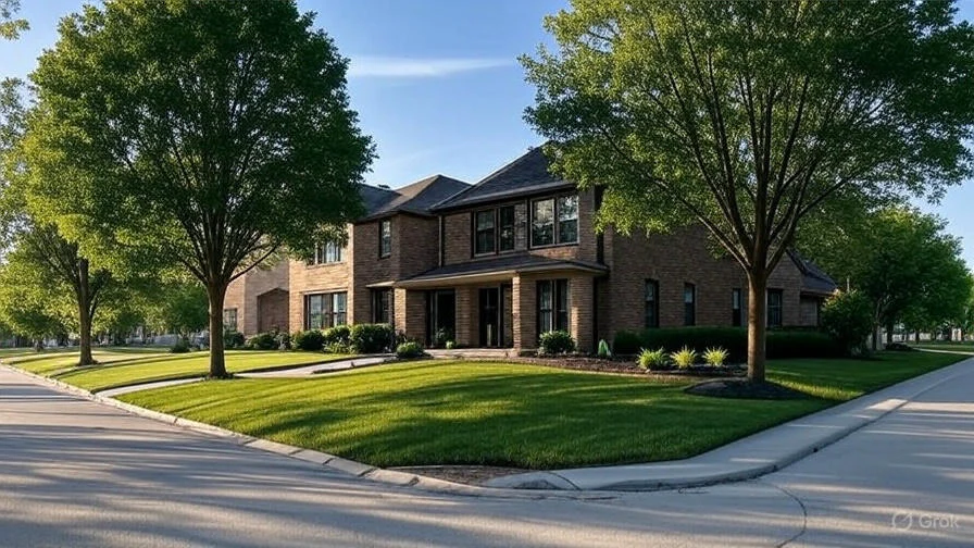 A new brick house with green lawn and trees.
