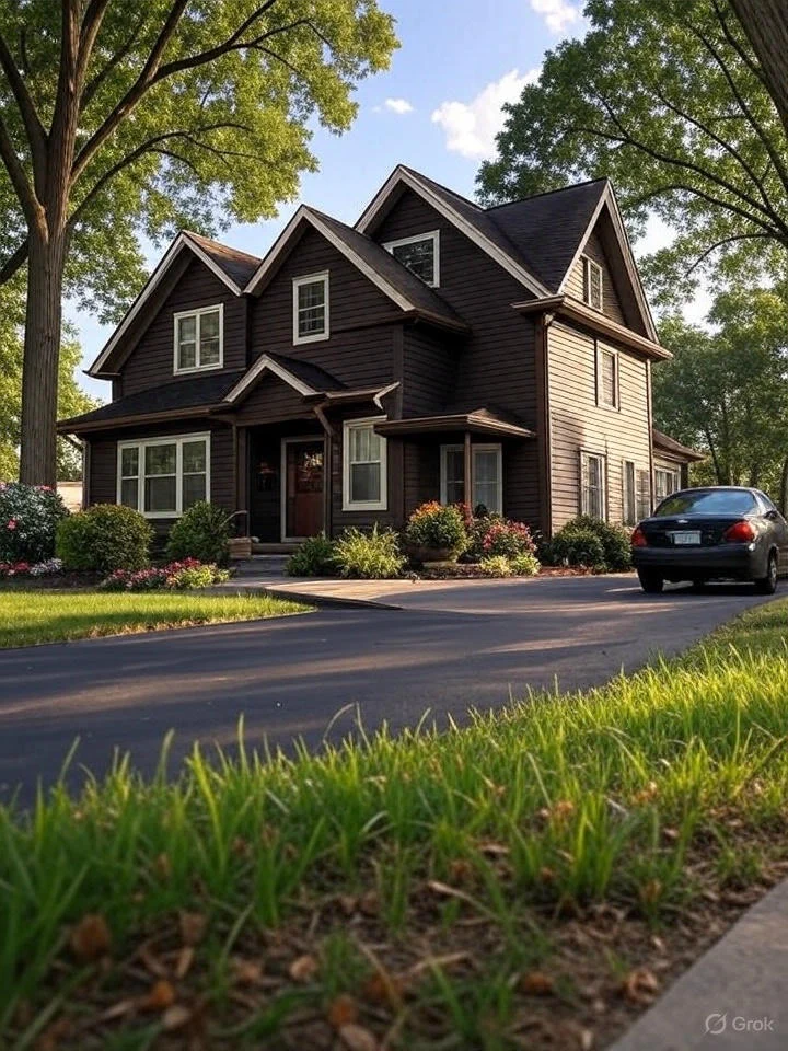 This image features a two-story home with a vehicle in the driveway and a well-installed white gutter system.
