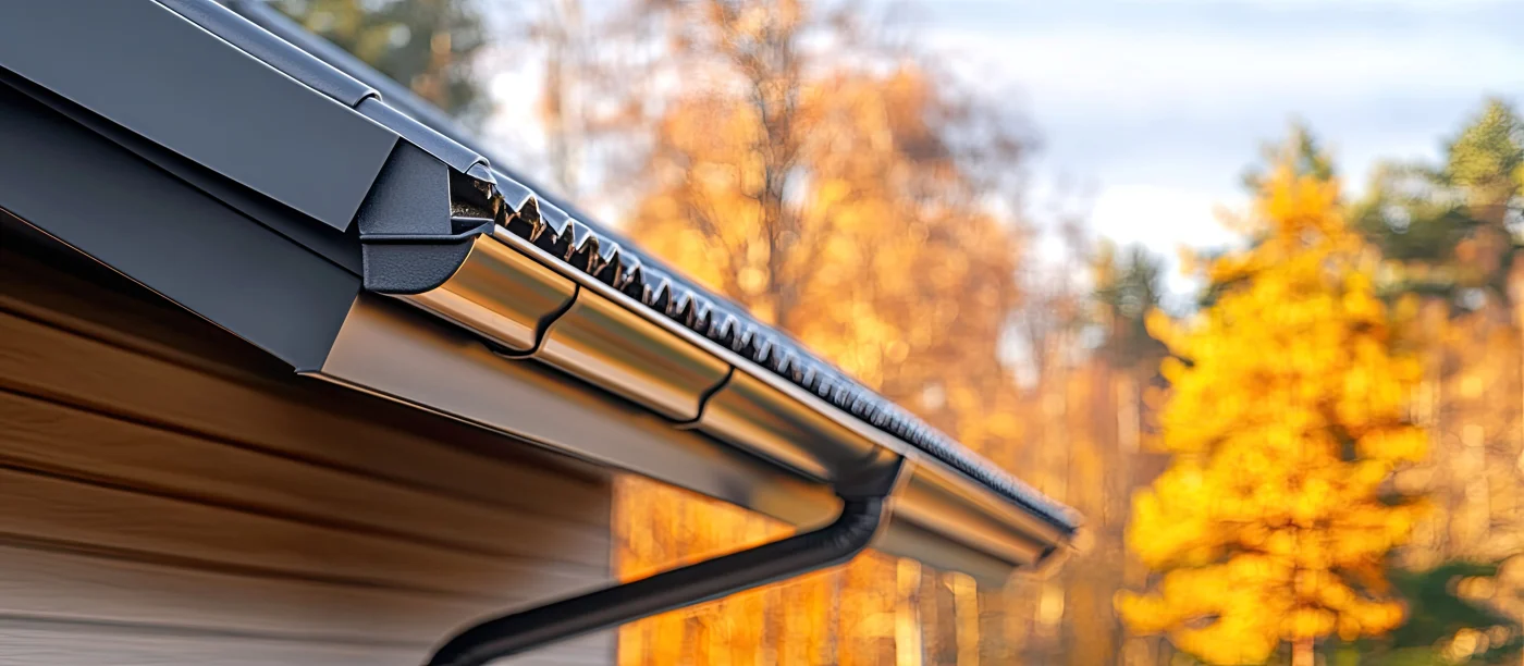 Black gutters on a home with foliage in the background.
