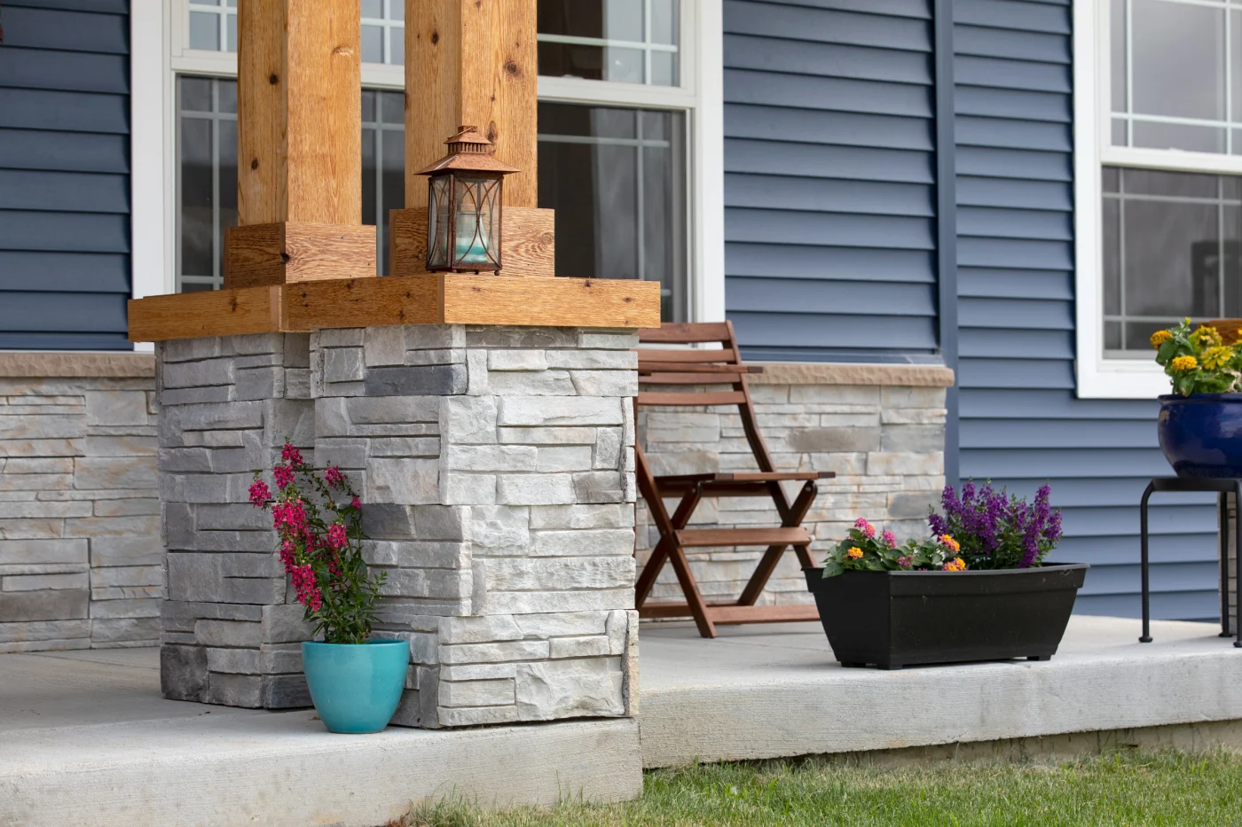 Versetta Engineered Stone Panel Siding Residential Blue Siding Wood Pillars Gallery Image 3