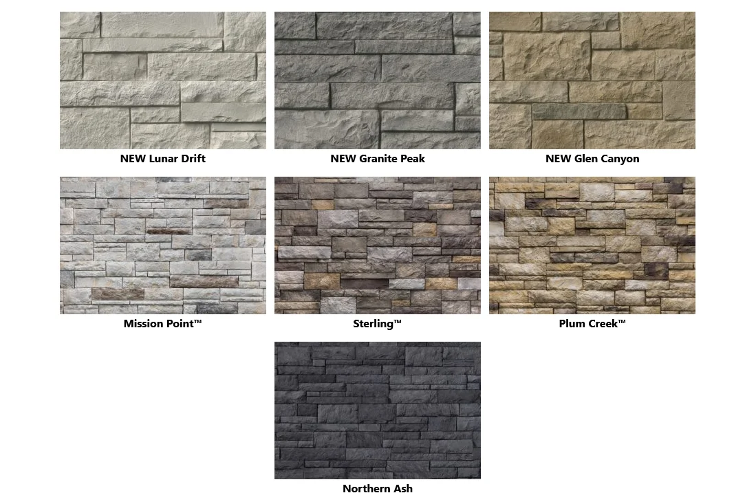 A screenshot showing seven different colors and styles of Versetta Stone engineered stone products, including Lunar Drift, Granite Peak, Glen Canyon, Mission Point, Sterling, Plum Creek, and Northern Ash.