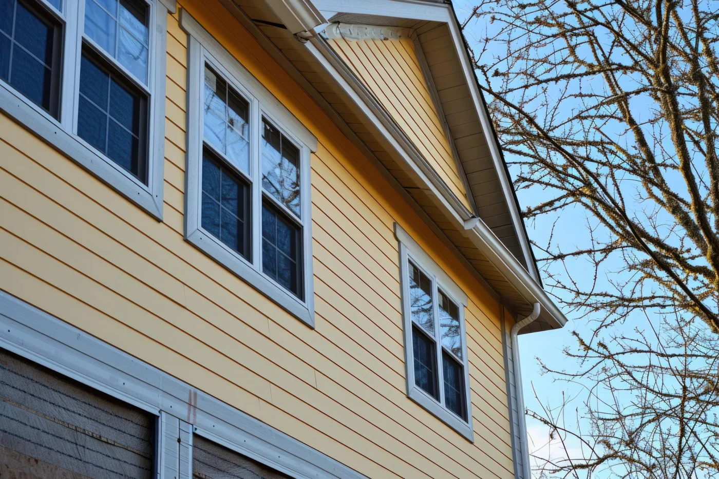 View spanning the back of a two-story home with lovely yellow siding.