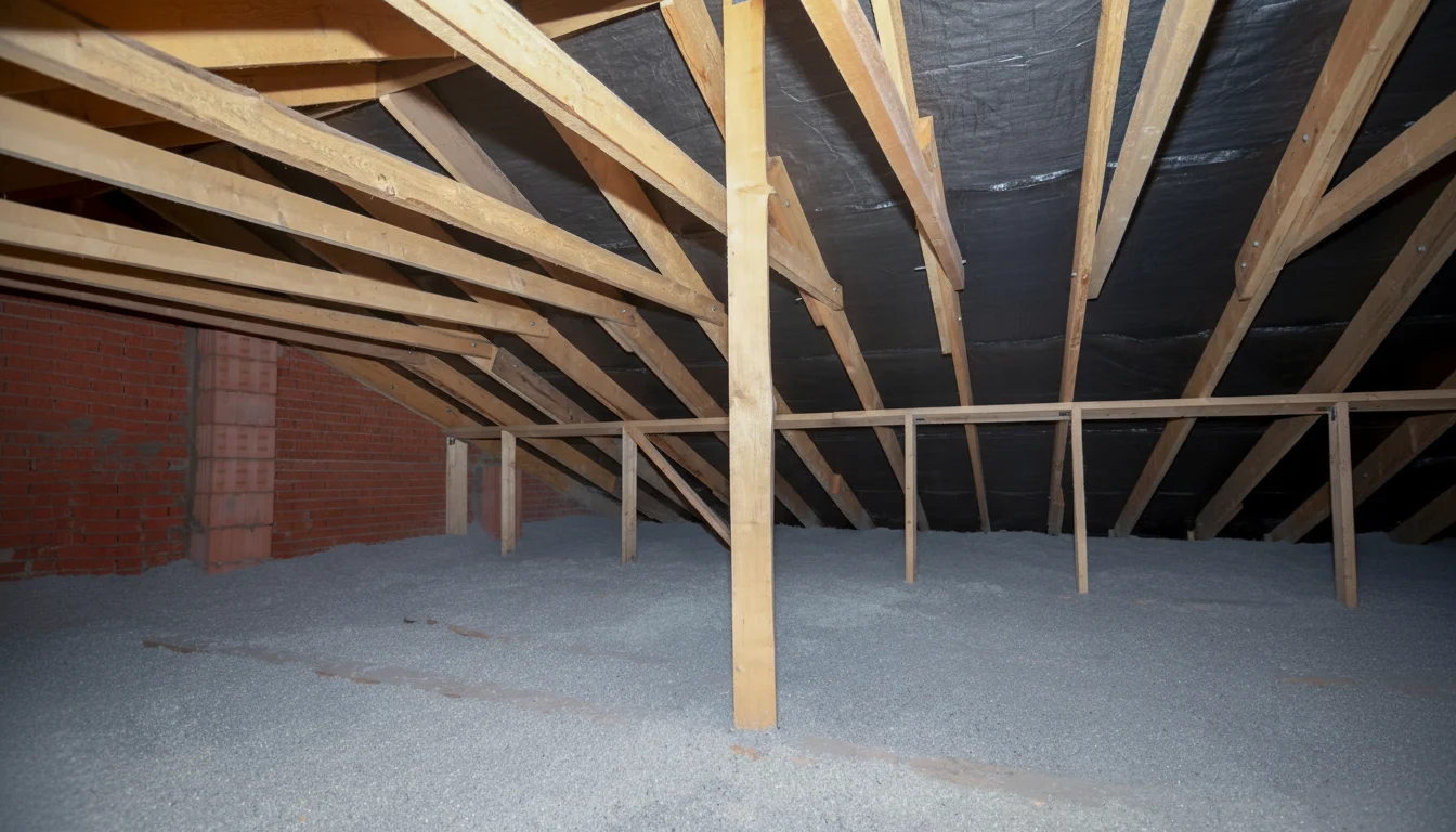 Blown-in insulation installed across an attic space.