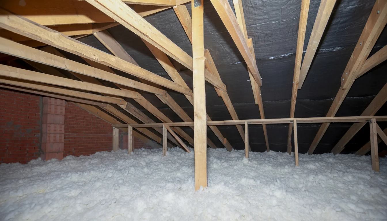 A thoroughly insulated attic space using blown-in insulation.