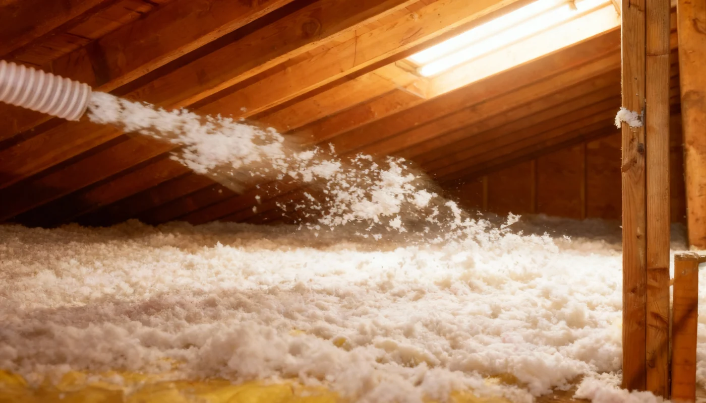 Blown-in insulation being installed in a well-lit attic space.