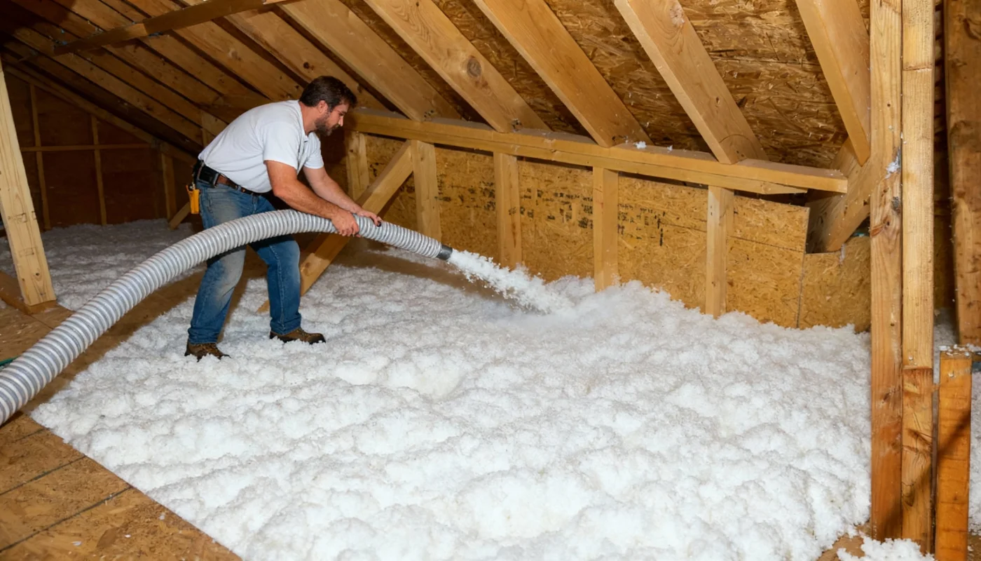 A contractor installs blown-in insulation.