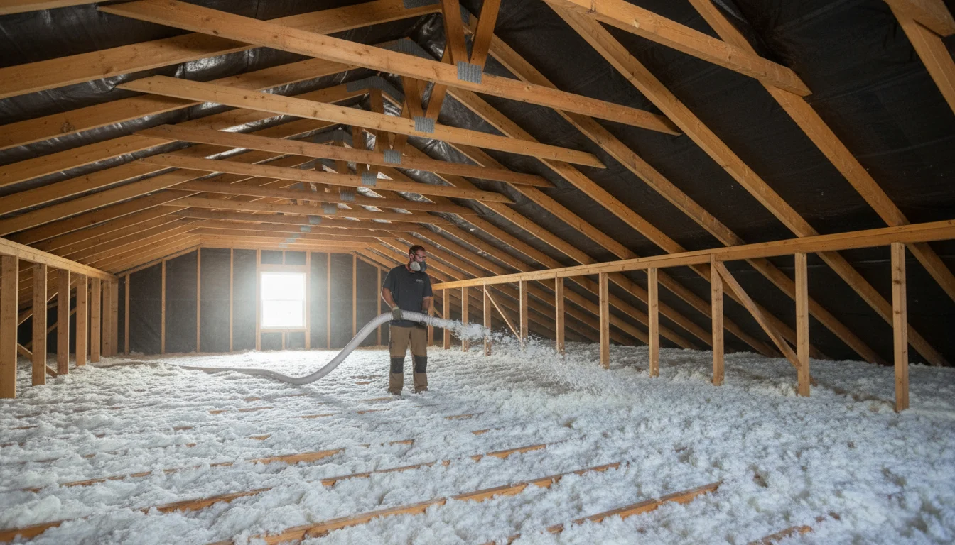 A roofing contractor installs blown-in insulation in an expansive attic space.