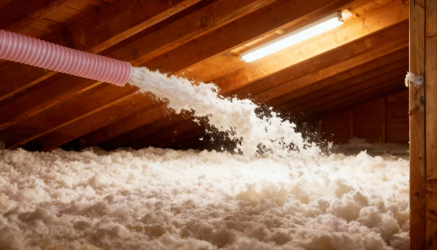 Blown-in attic insulation during installation.
