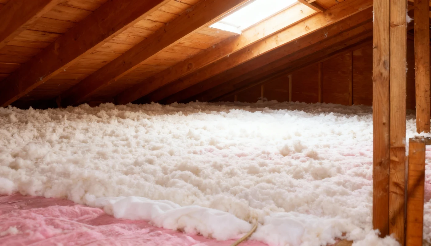 Evenly layered blown-in insulation in an attic.