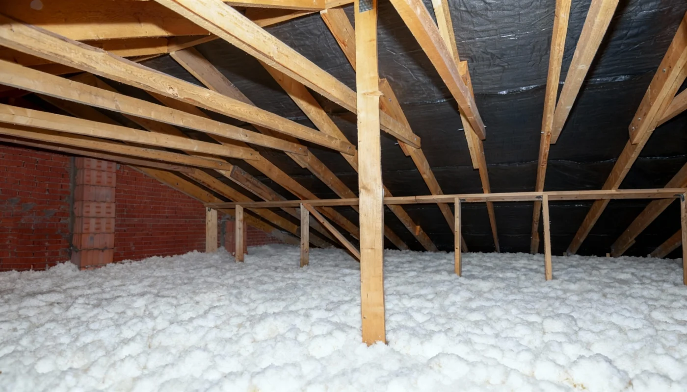 A large, unfinished attic with blown-in insulation.