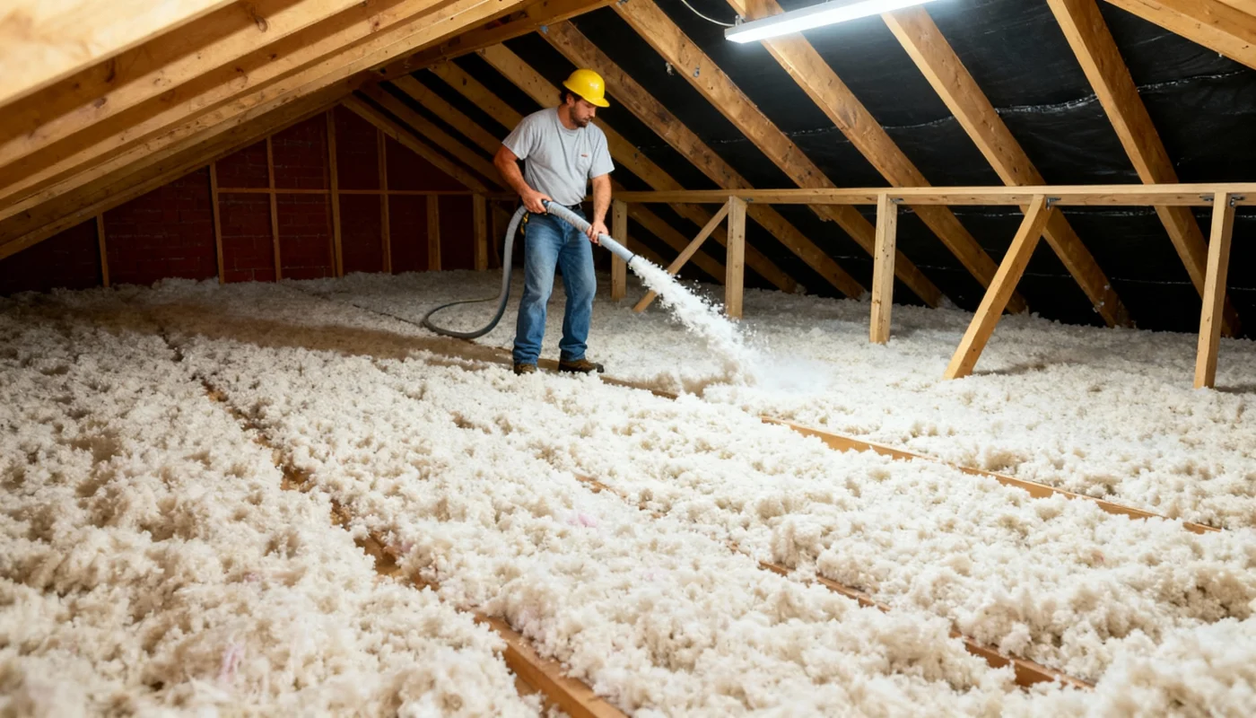 A roofing contractor installs blown-in insulation.