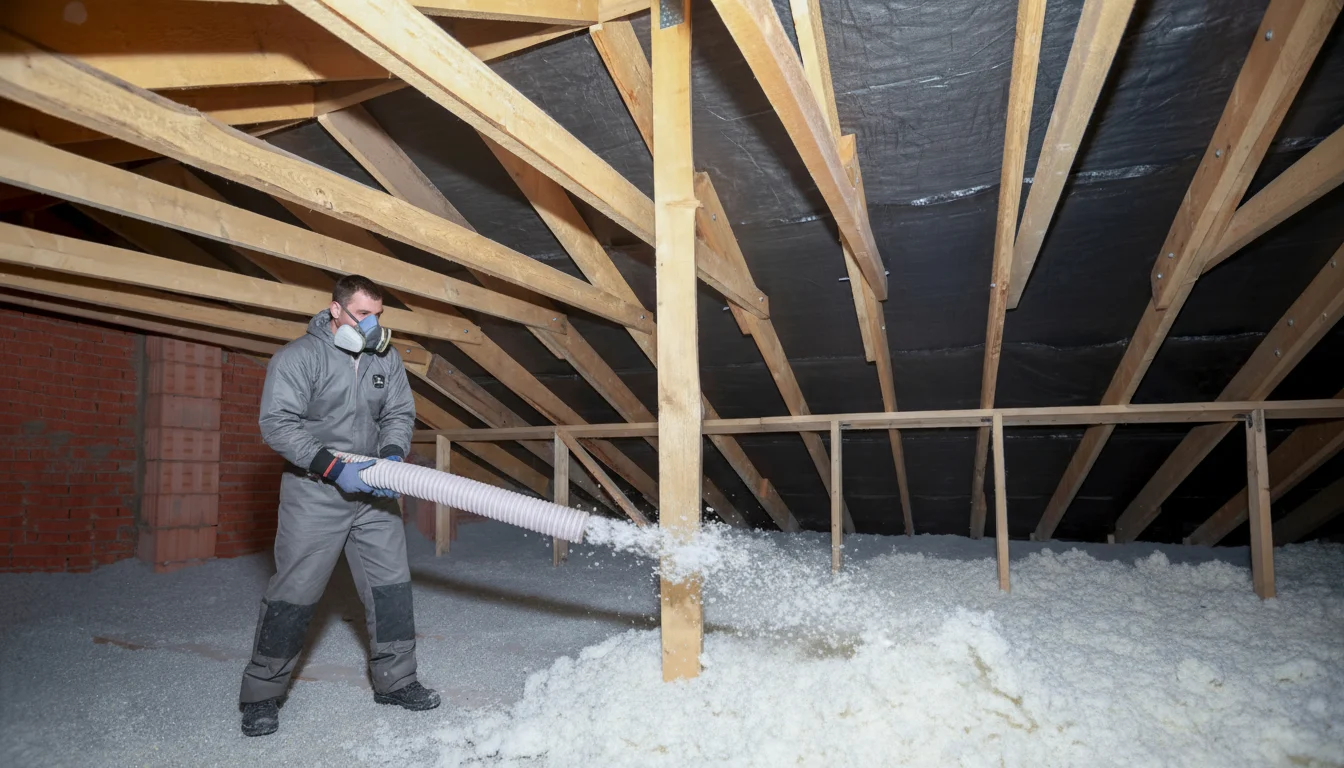 Blown-in insulation being installed in a large attic space.