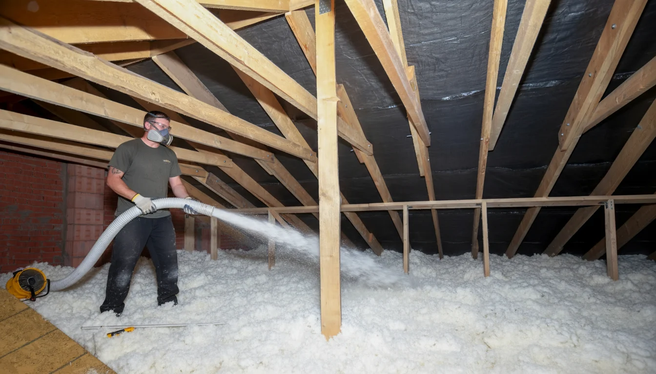 A contractor installs blow-in insulation in an attic space.