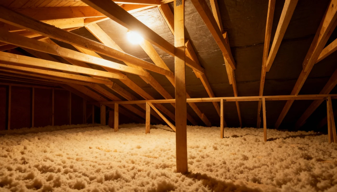 An attic with a bright light and blown-in insulation.