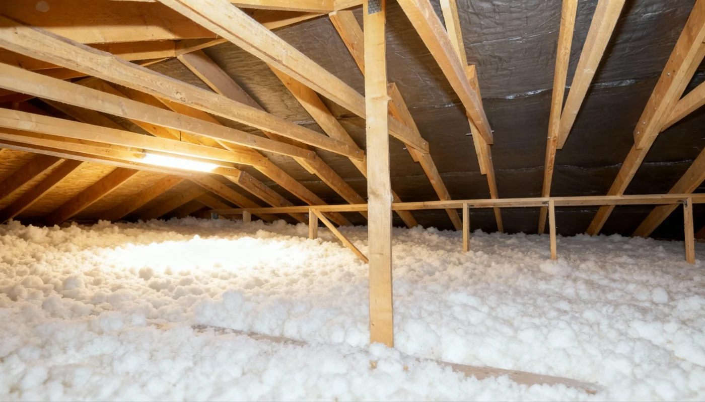 An attic space with evenly applied blown-in insulation.