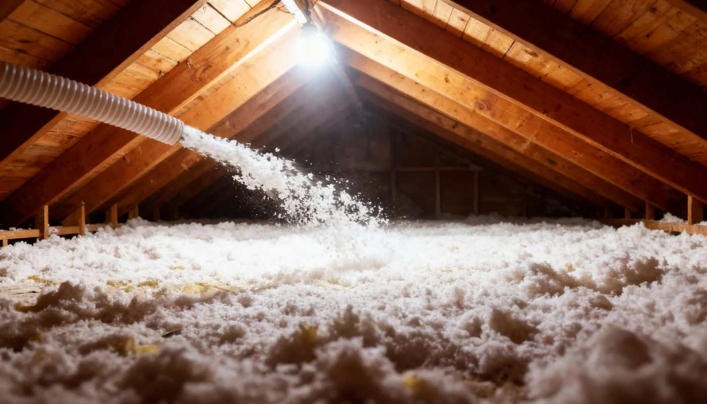 Blown-in insulation actively being applied to an attic space.