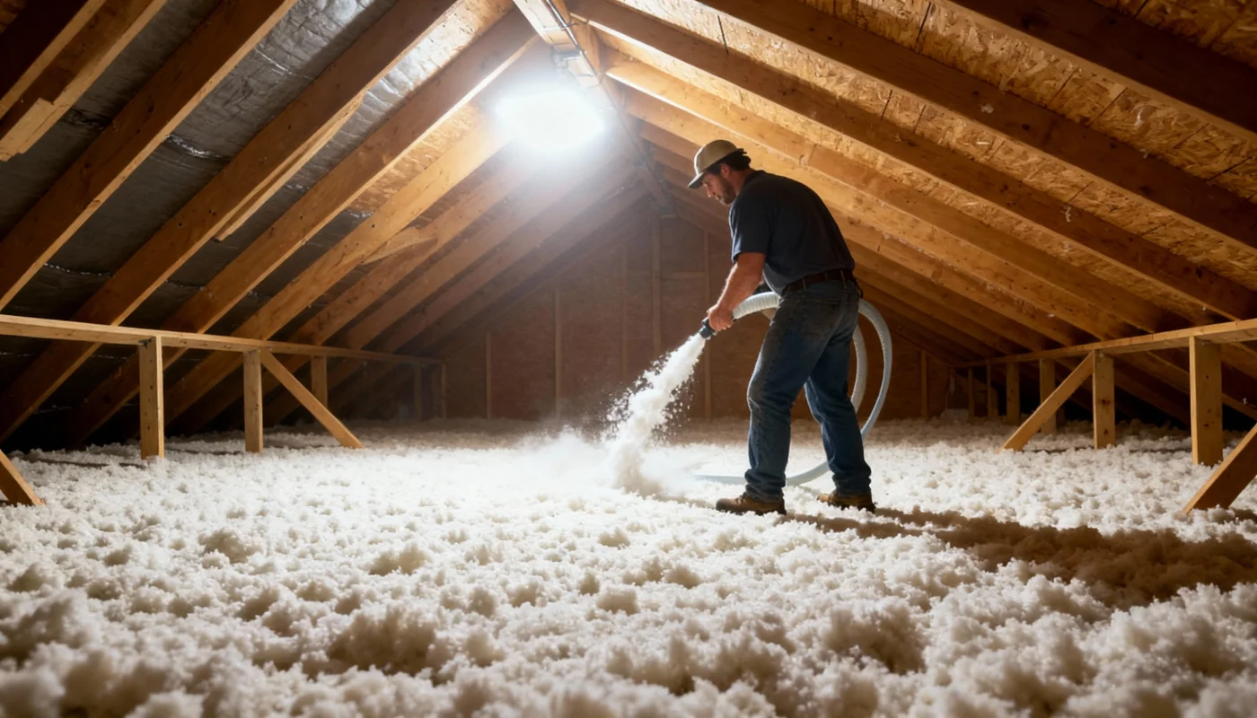 A blown-in insulation installation in progress.