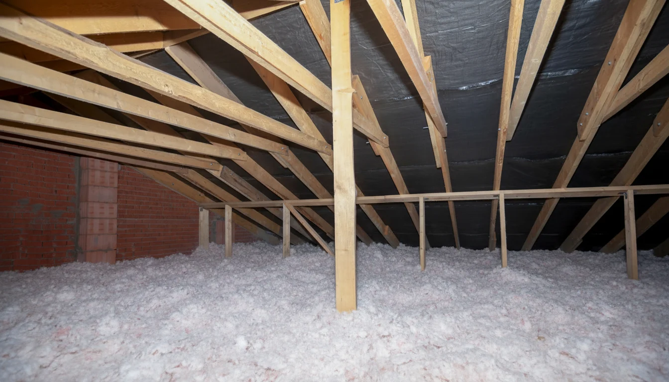 The attic of a brick home with exposed rafters and blown-in insulation.