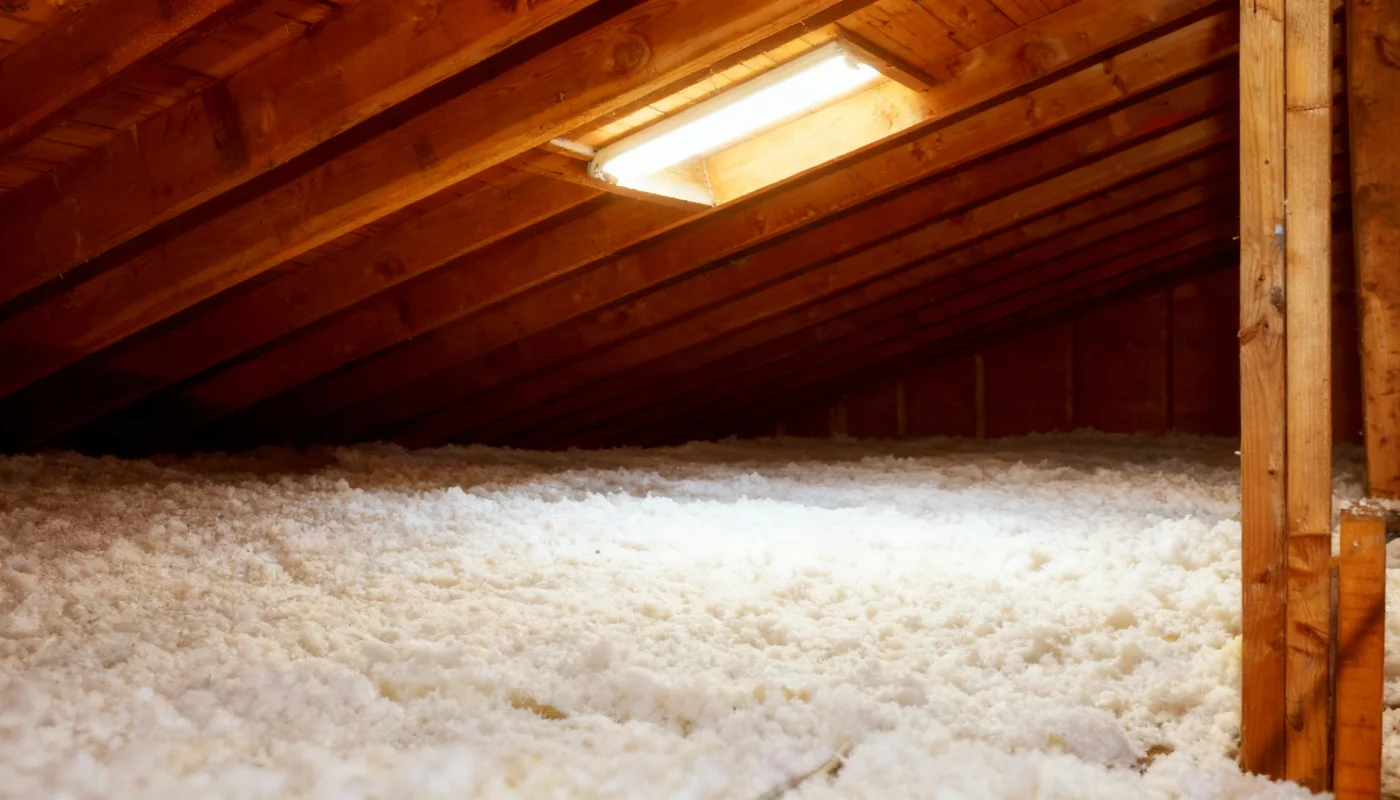 An attic space with a skylight illuminating blown-in insulation.