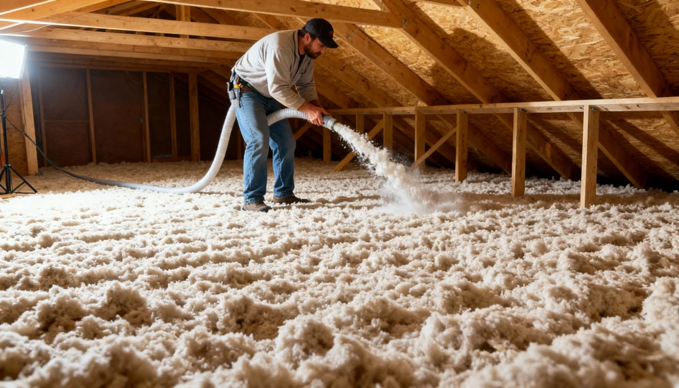 A contractor applies blown-in insulation to an attic space.