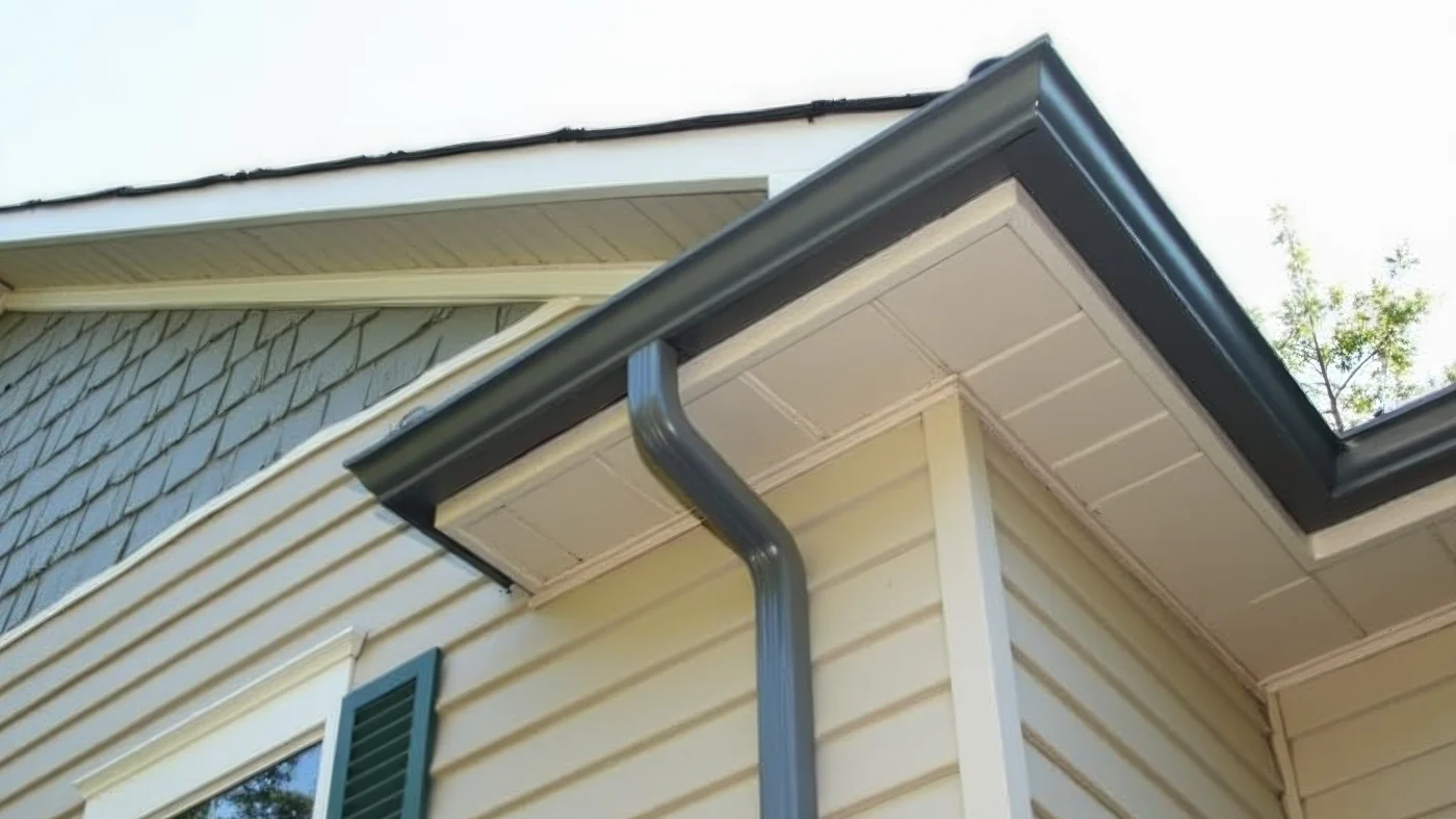 Looking up at gray gutters on a house in Glenview, IL by Apex Exteriors.