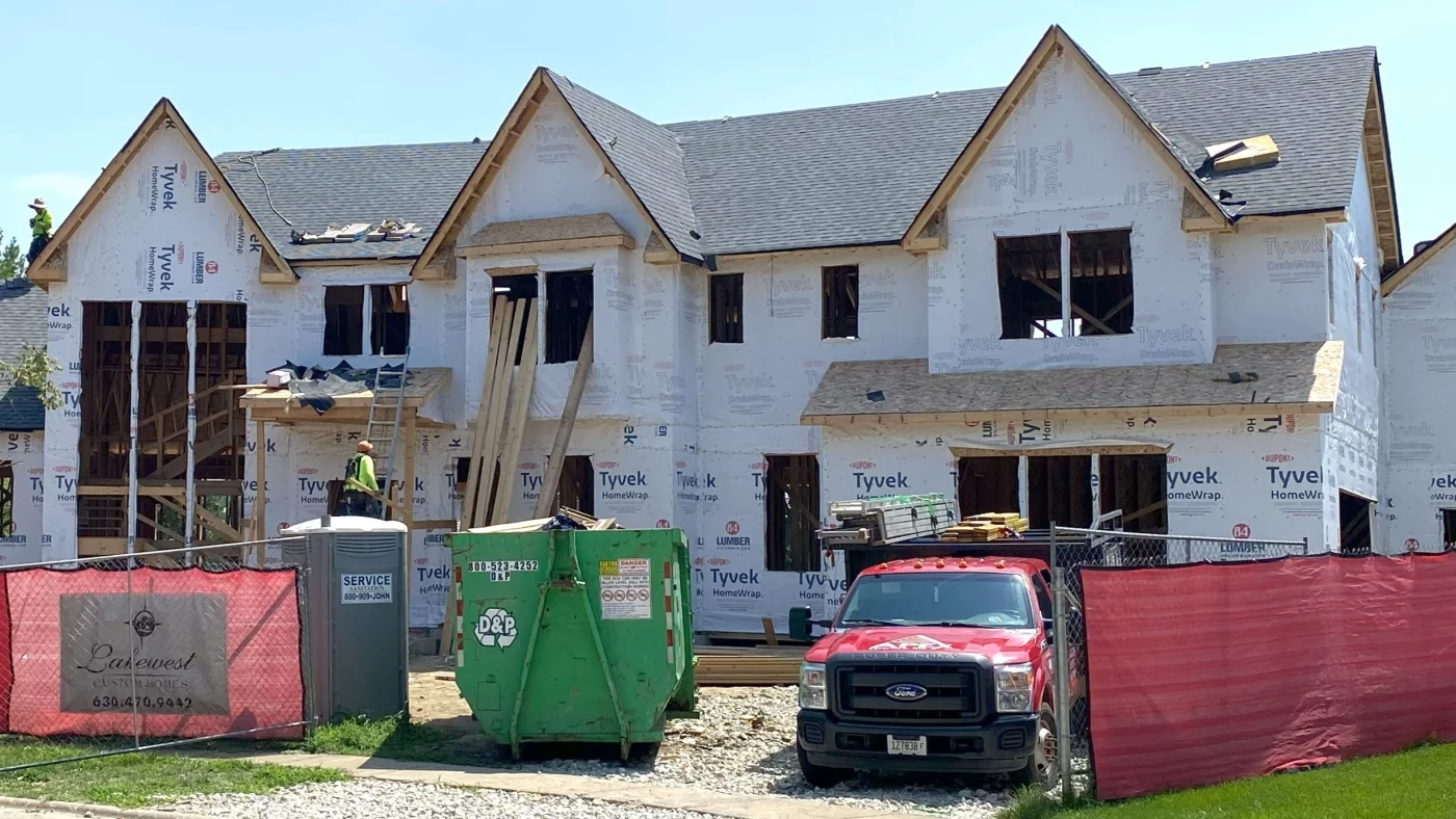 A large new home under construction in Elmhurst, IL by Apex Exteriors.