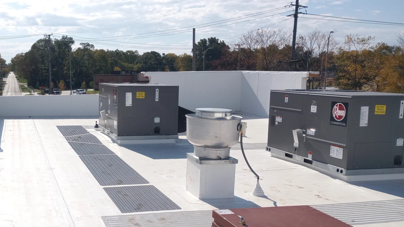 The rooftop of a commercial building after a roof replacement in Bloomingdale, IL by Apex Exteriors.