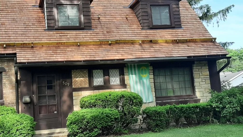 The front of a house with beige siding and a light orange roof in Bloomingdale, IL by Apex Exteriors.