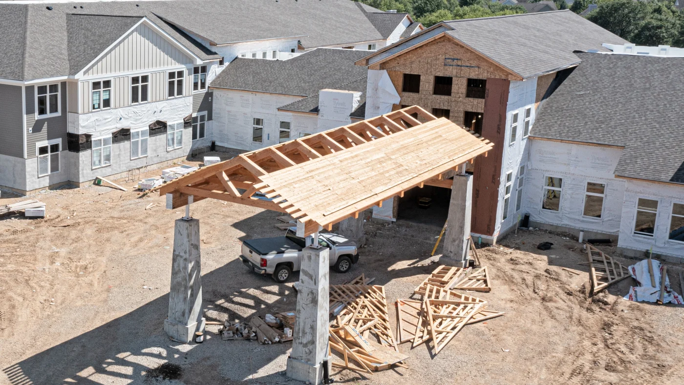 A drone view of a retirement complex under construction in Lombard, IL by Apex Exteriors.