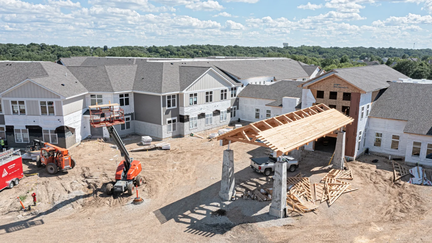 A drone view of a large retirement complex under construction in LaGrange, IL by Apex Exteriors.