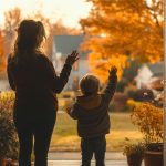 A mother and child waving goodbye through a doorway.