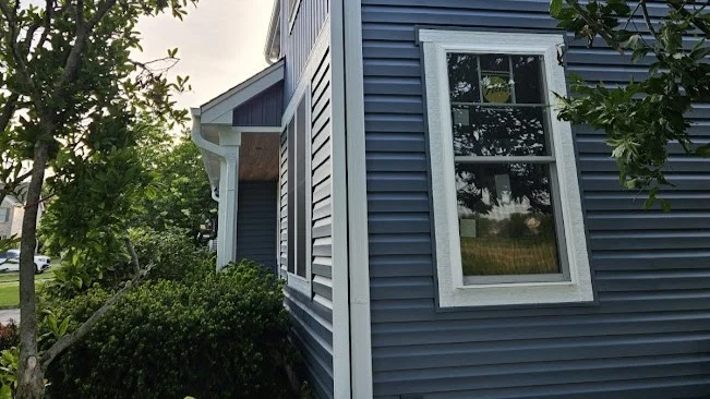 The side of a house with blue siding and windows trimmed in white in South Elgin, IL, by Apex Exteriors, Inc.