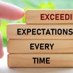 Fingers pushing the top block of four stacked vertically that read “Exceeding Expectations Every Time.”